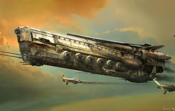 Небо, Рисунок, Корабль, Судно, Арт, Фантастика, Eddie Del Rio, Robota ship
