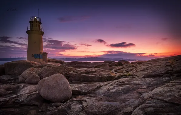 Картинка Испания, побережье, Muxia, вечер, маяк, закат, Galicia