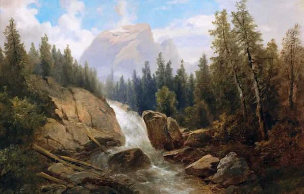Облака, Горы, Деревья, Река, Картина, Австрийский художник, Josef Thoma, Йозеф Тома