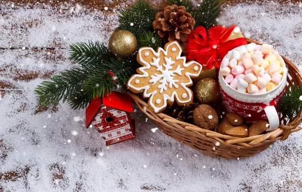 Картинка снег, Новый Год, печенье, Рождество, Christmas, wood, snow, New Year