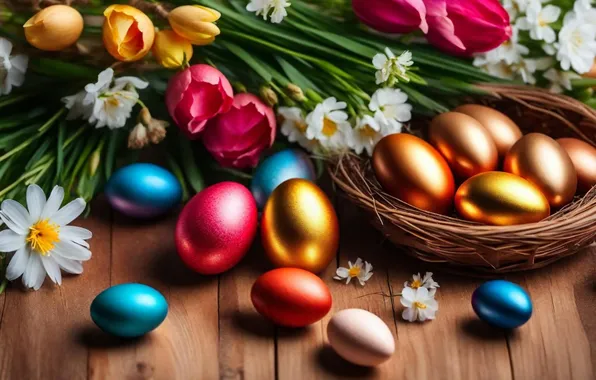 Картинка цветы, яйца, весна, colorful, Пасха, happy, flowers, spring