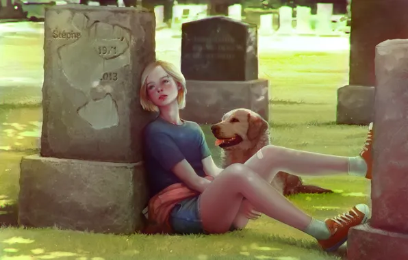 Картинка собака, арт, девочка, кладбище, надгробье