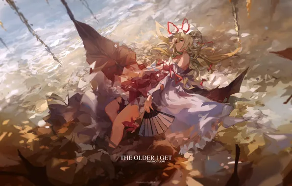 Листья, веер, лежит, бант, чепчик, touhou, art, Touhou Project