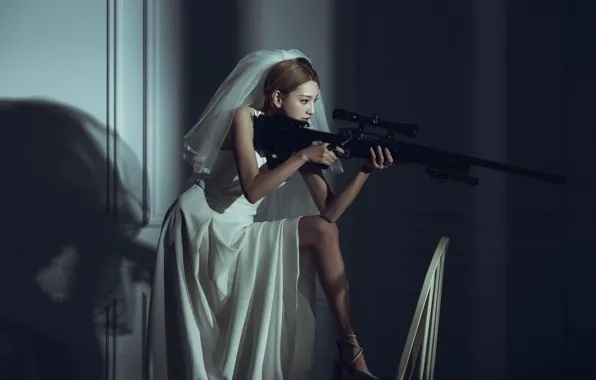 Картинка поза, модель, ситуация, снайпер, азиатка, невеста, винтовка, фата