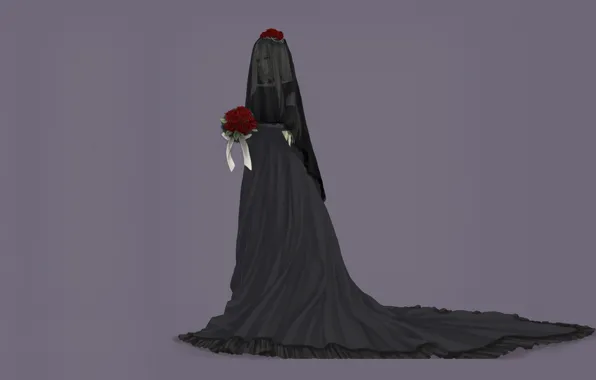 Картинка одиночество, серый фон, черное платье, скорбь, Белоруссия, hetalia, букет роз, траур