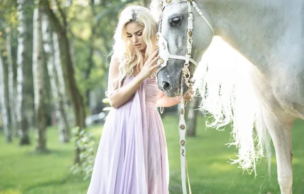 Картинка девушка, конь, лошадь, платье