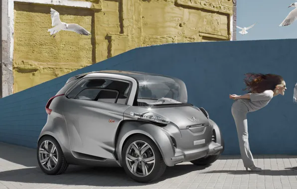 Авто, девушка, птицы, Девушки, вентилятор, Peugeot