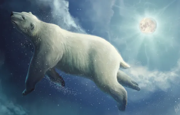Рисунок, Луна, Медведь, Moon, Clouds, Art, Фантастика, Белый медведь