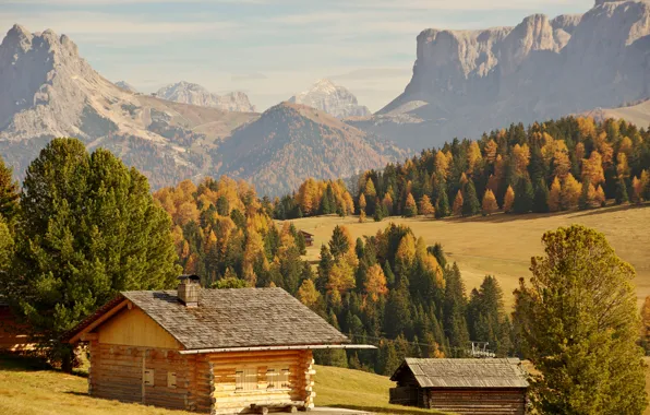 Картинка осень, лес, солнце, деревья, горы, скалы, долина, Италия