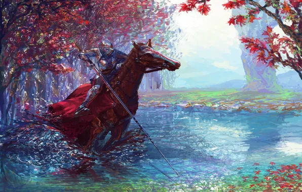 Картинка colorful, fantasy, forest, river, armor, trees, weapon, horse