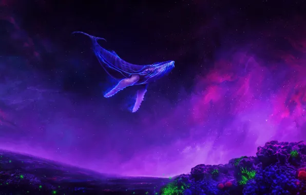 Космос, Туманность, Кораллы, Кит, Fantasy, Арт, Underwater, Фантастика