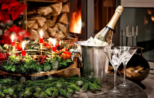 Праздник, новый год, бокалы, камин, шампанское, декор