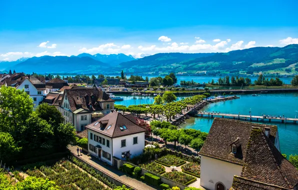 Картинка горы, озеро, берег, дома, Швейцария, солнечно, Rapperswil