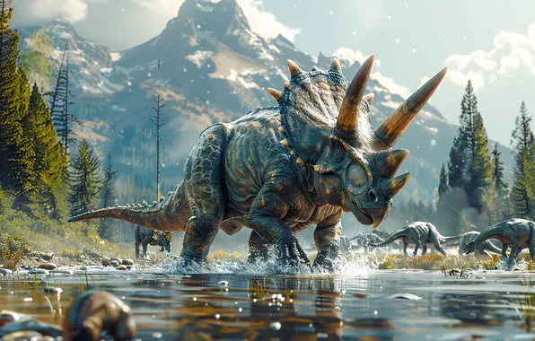 Вода, Деревья, Гора, Рога, Животные, Triceratops, Цифровое искусство, Динозавры