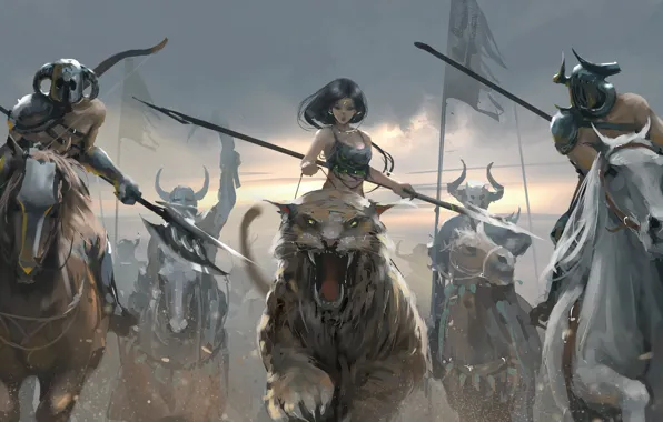 Картинка girl, fantasy, horns, weapon, tiger, horses, digital art, warriors