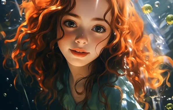 Вода, Взгляд, Волосы, Девочка, Пузырьки, Рыжая, Цифровое искусство, ИИ-арт