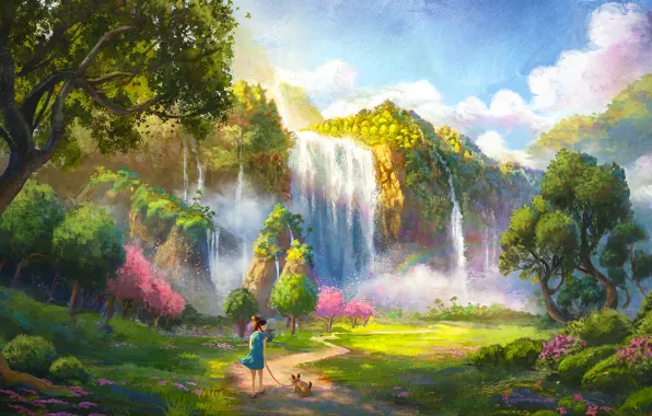 Girl, landscape, art, dog, waterfall