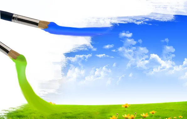 Картинка поле, небо, облака, цветы, креатив, краски, кисти