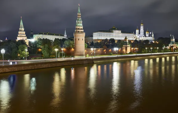 Река, Город, Москва, Ночной пейзаж
