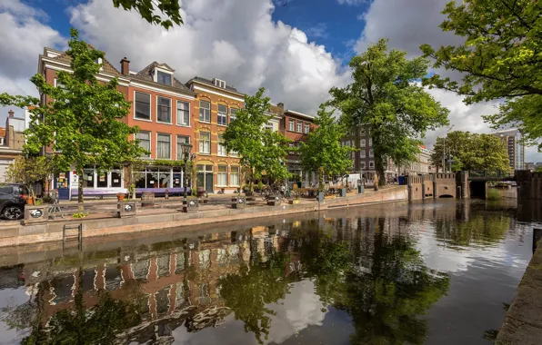 Картинка лето, вода, город, отражение, здание, канал, Нидерланды