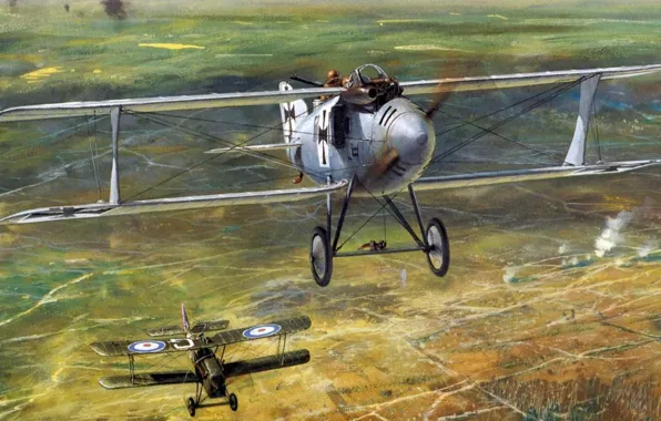 Картинка рисунок, истребитель, немцы, воздушный бой, первая мировая, старьё, биплан Luftfahrzeug Gesellschaft L.F.G. Roland С.II-А Walvis, …