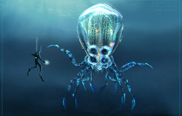 Фантастика, океан, водолаз, медуза, арт, Subnautica
