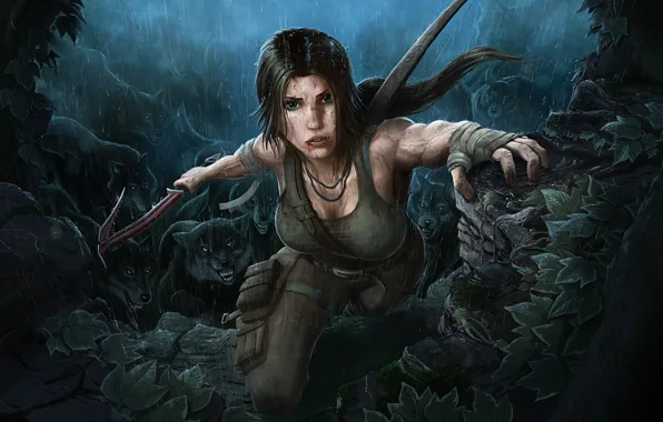 Девушка, дождь, брюнетка, Tomb Raider, красотка, лара крофт