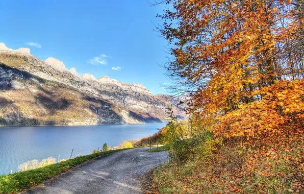 Картинка осень, пейзаж, горы, природа, дороги, Озеро, road, autumn