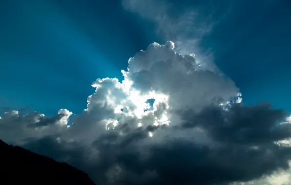 Blue Sky, Clouds, Sun, Mountains, Austria, Alpes, Bright, Rays