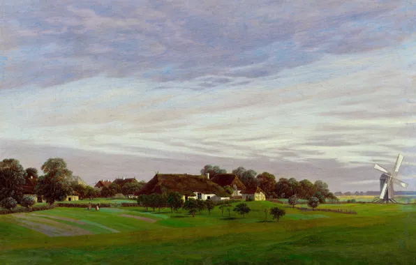 Пейзаж, дом, картина, ветряная мельница, Каспар Давид Фридрих, Isle of Ruegen or near Greifswald, Flat …