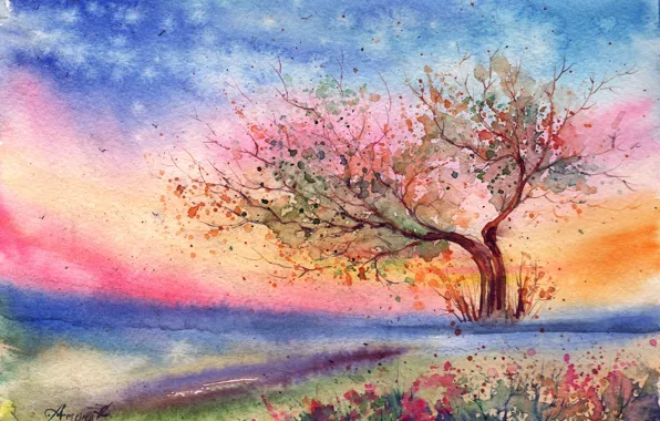 Картинка трава, цветы, дерево, ветер, вечер, акварель, нарисованный пейзаж