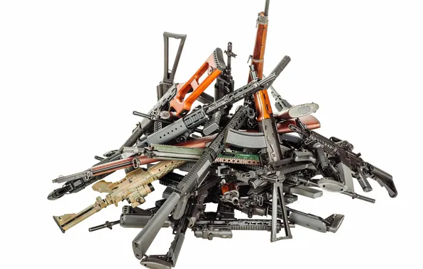 Gun, automatic, military, weapon, war, rifle, arms, pile