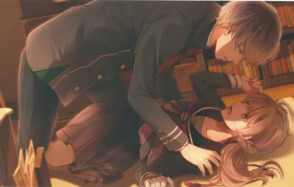 Библиотека, школьная форма, на полу, visual novel, глаза в глаза, парень с девушкой, Suuran Digit, …