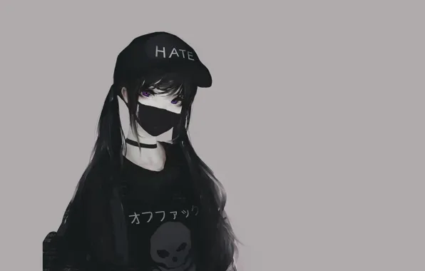 Skull, girl, black, style, art, cap, mask, choker