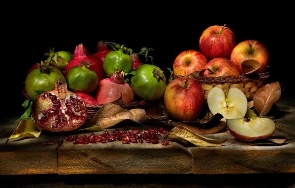 Листья, яблоки, доски, еда, фрукты, черный фон, натюрморт, предметы