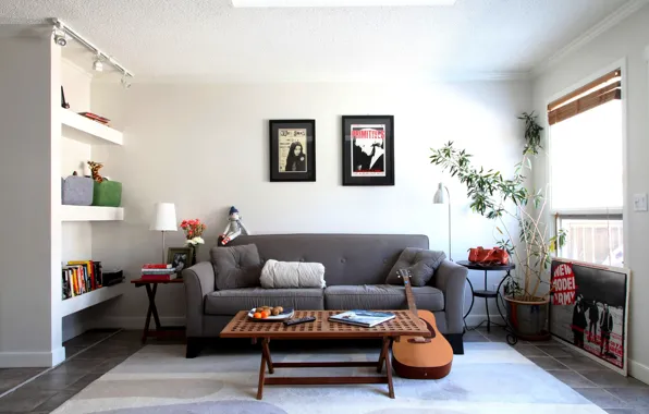 Картинка дизайн, стиль, комната, диван, мебель, гитара, интерьер, картины