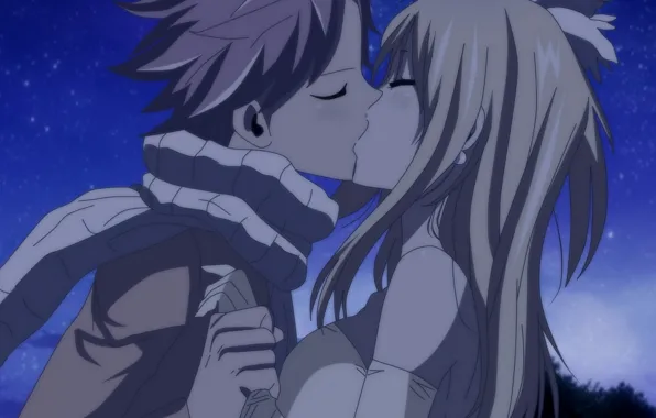 Поцелуй, аниме, арт, Fairy Tail, Нацу, Люси, Хвост феи