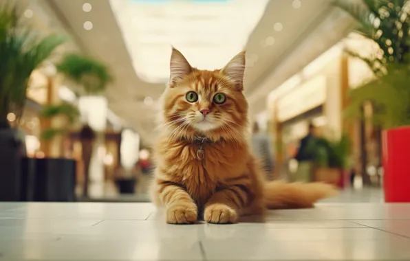 Кошка, взгляд, поза, котенок, плитка, растения, рыжий, потолок