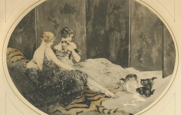 Картинка котята, миска, 1925, Louis Icart, офорт и акватинта, Пролитое молоко