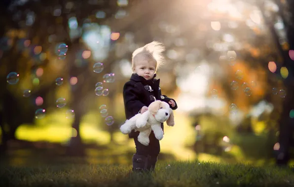 Осень, пузыри, игрушка, мальчик, боке