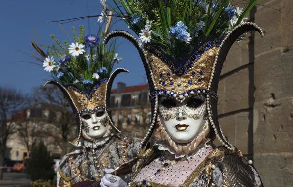 Цветы, маска, пара, костюм, Венеция, карнавал