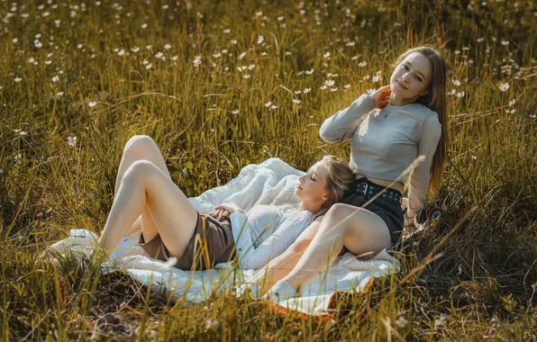 Девушка, природа, grass, shorts, long hair, field, nature, model