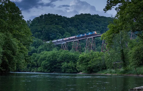 Картинка лес, деревья, мост, река, поезд, эстакада, Вирджиния, виадук
