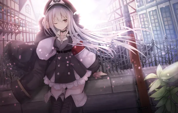 Девушка, город, забор, здания, Girls Frontline, Kar98k