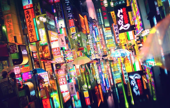 Картинка свет, город, огни, люди, Япония, Токио, зонты