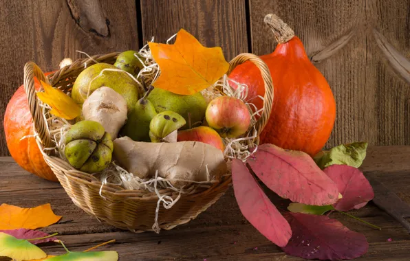 Листья, корзина, яблоки, фрукты, груши, дары осени