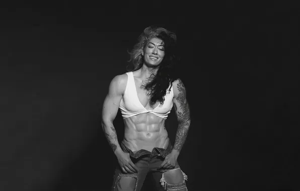 Black&white, smile, monochrome, tatoo, hair, top, athlete, torn jeans