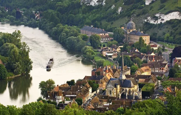 Город, река, Франция, France, valley, Normandy, top view, средневековая архитектура