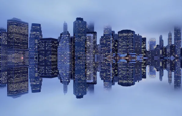 Туман, отражение, Нью-Йорк, Манхеттен, гавань