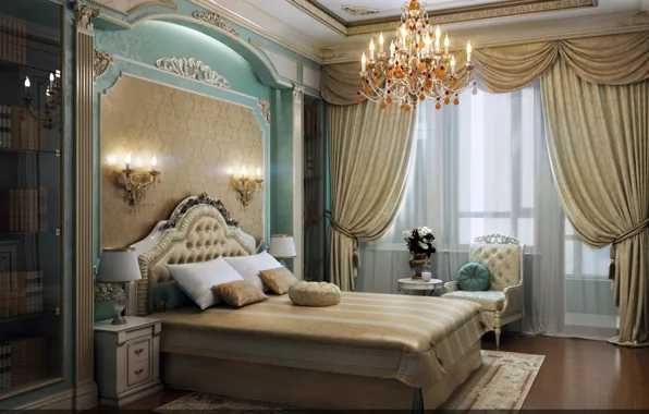 Люстра, шторы, спальня